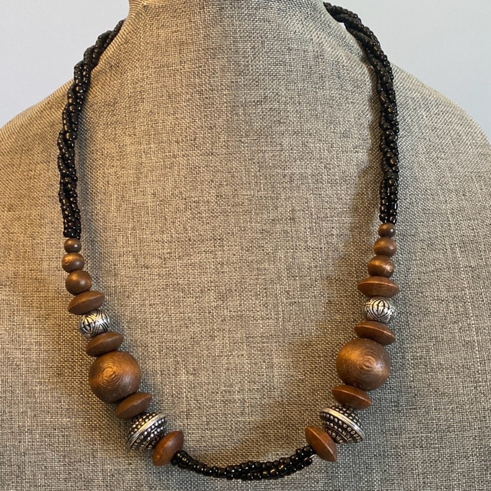 Elegant Tribal Wood/Glass Black and Brown Beaded Necklace